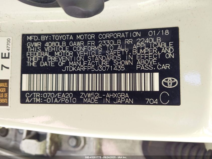 2018 Toyota Prius Prime Advanced VIN: JTDKARFP5J3071435 Lot: 43281775