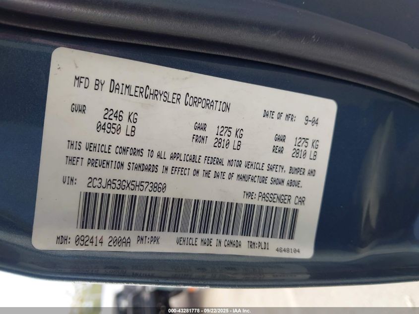 2005 Chrysler 300 Touring VIN: 2C3JA53GX5H573860 Lot: 43281778