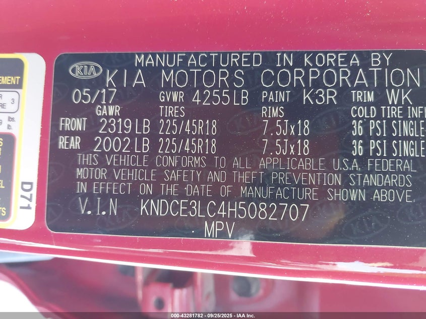 2017 Kia Niro 1.6 Touring Red Lot 111043281782 Vin KNDCE3LC4H5082707