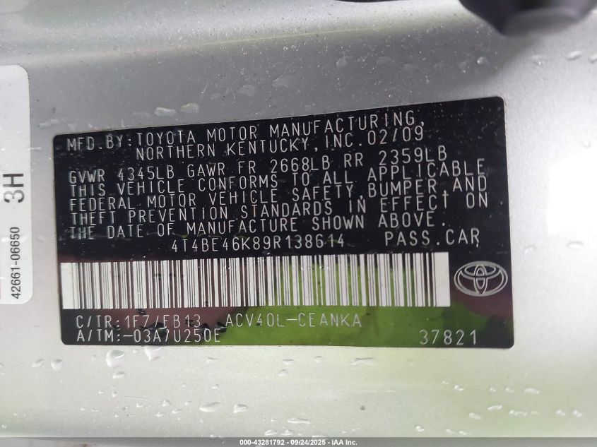 2009 Toyota Camry Le VIN: 4T4BE46K89R138614 Lot: 43281792