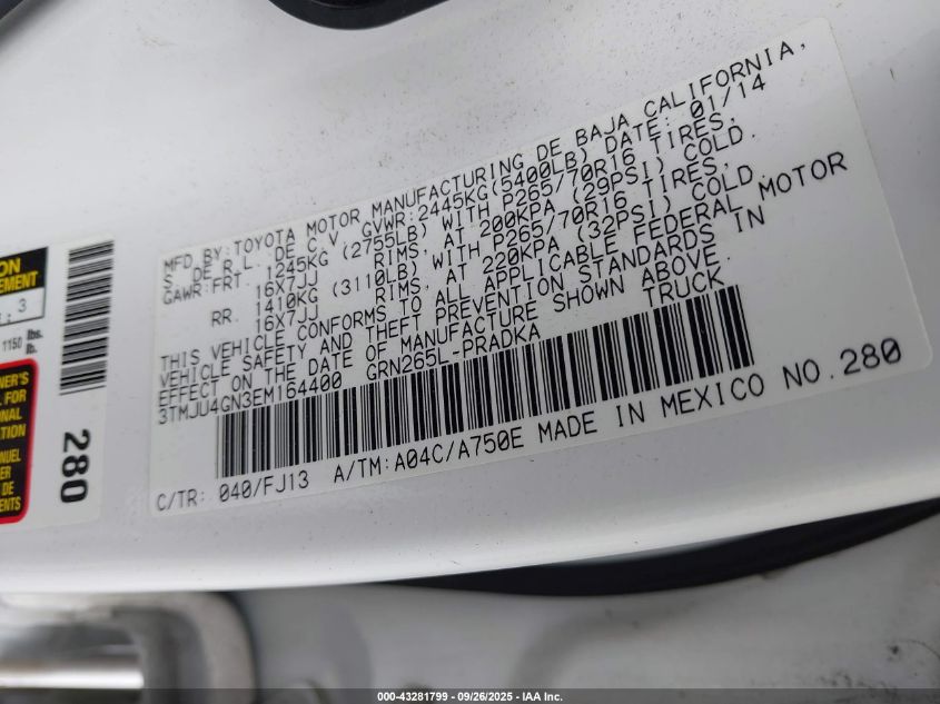 2014 Toyota Tacoma Prerunner V6 VIN: 3TMJU4GN3EM164400 Lot: 43281799