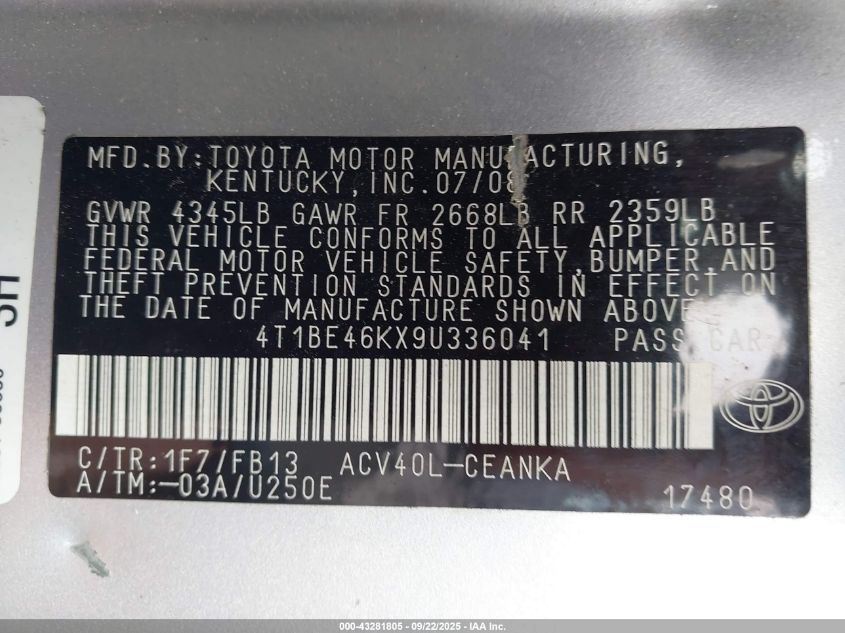2009 Toyota Camry Le VIN: 4T1BE46KX9U336041 Lot: 43281805