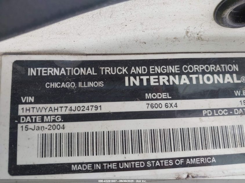 2004 International 7000 7600 VIN: 1HTWYAHT74J024791 Lot: 43281807