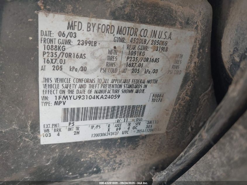 2004 Ford Escape Xlt VIN: 1FMYU93104KA24059 Lot: 43281809