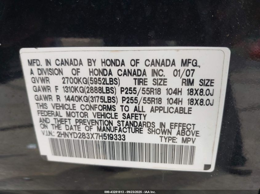 2007 Acura Mdx Technology Package VIN: 2HNYD283X7H519333 Lot: 43281813