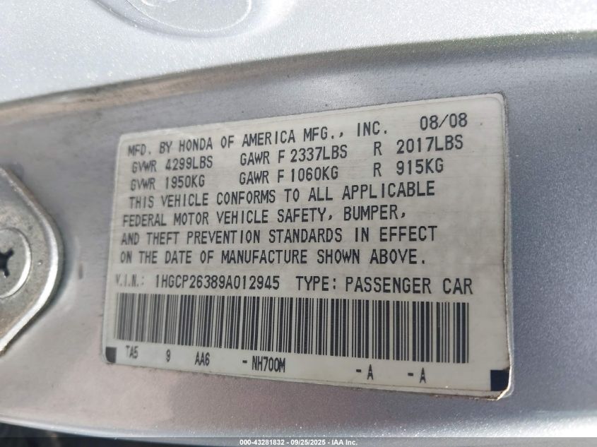 2009 Honda Accord 2.4 Lx VIN: 1HGCP26389A012945 Lot: 43281832