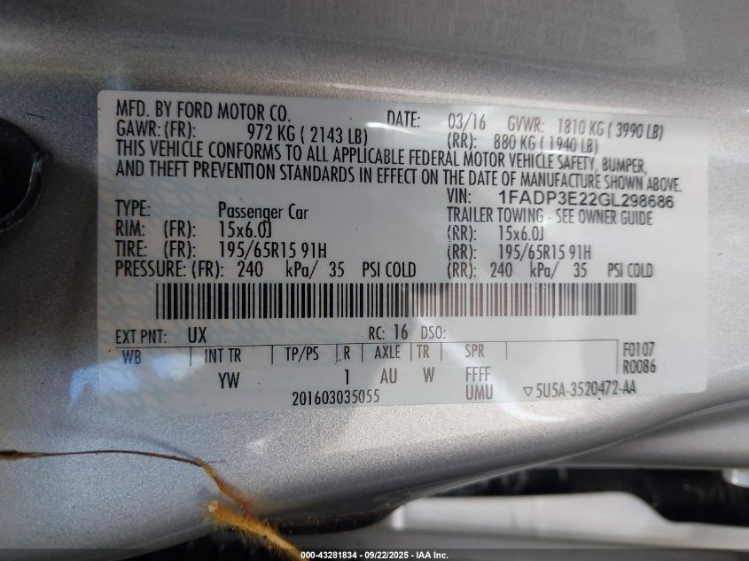 2016 Ford Focus S VIN: 1FADP3E22GL298686 Lot: 43281834