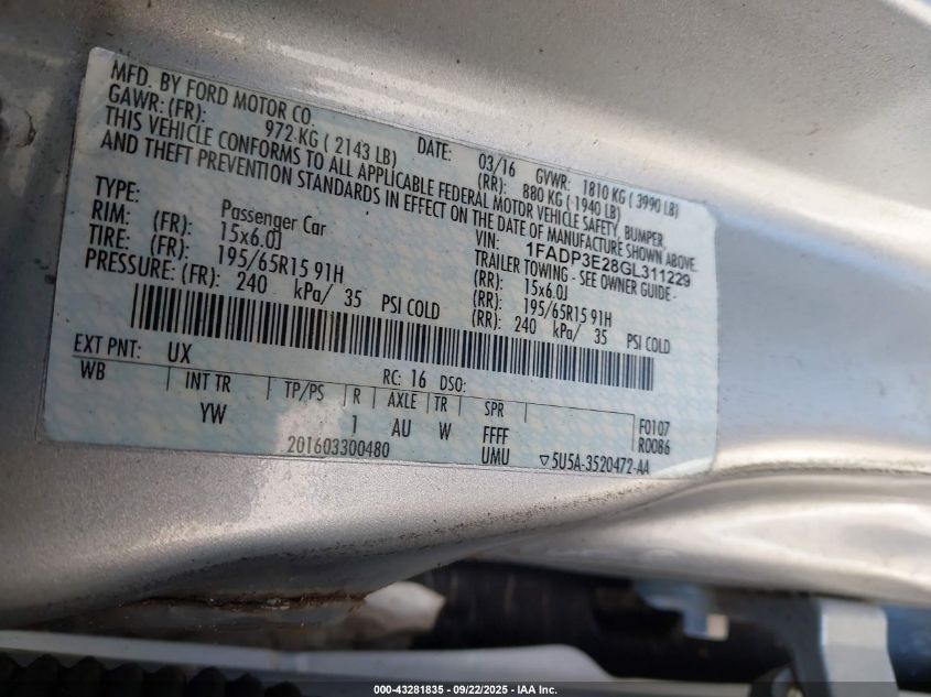 2016 Ford Focus S VIN: 1FADP3E28GL311229 Lot: 43281835