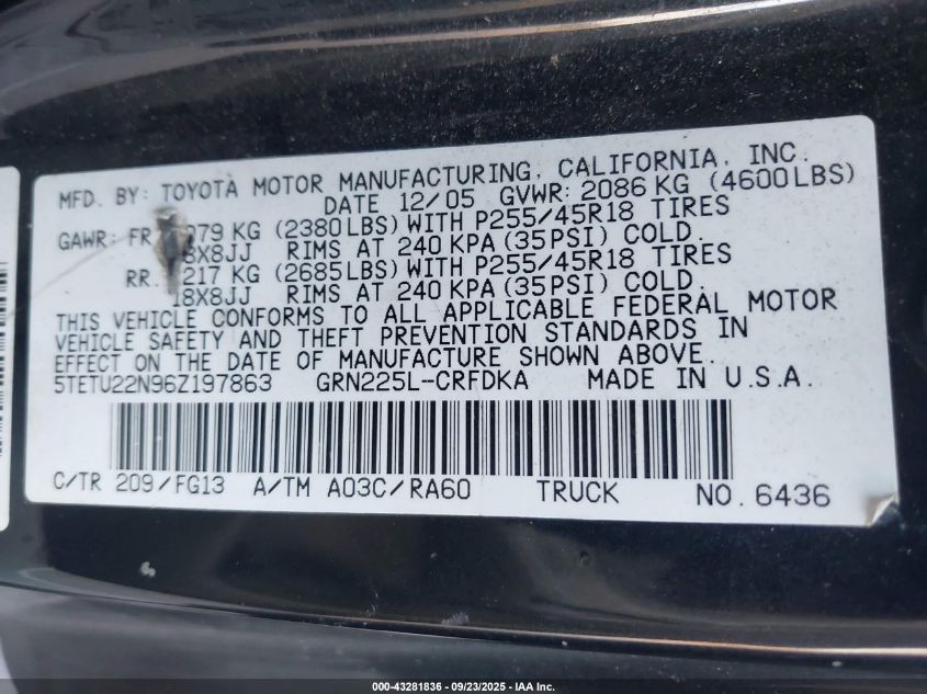 2006 Toyota Tacoma X-Runner Access Cab VIN: 5TETU22N96Z197863 Lot: 43281836