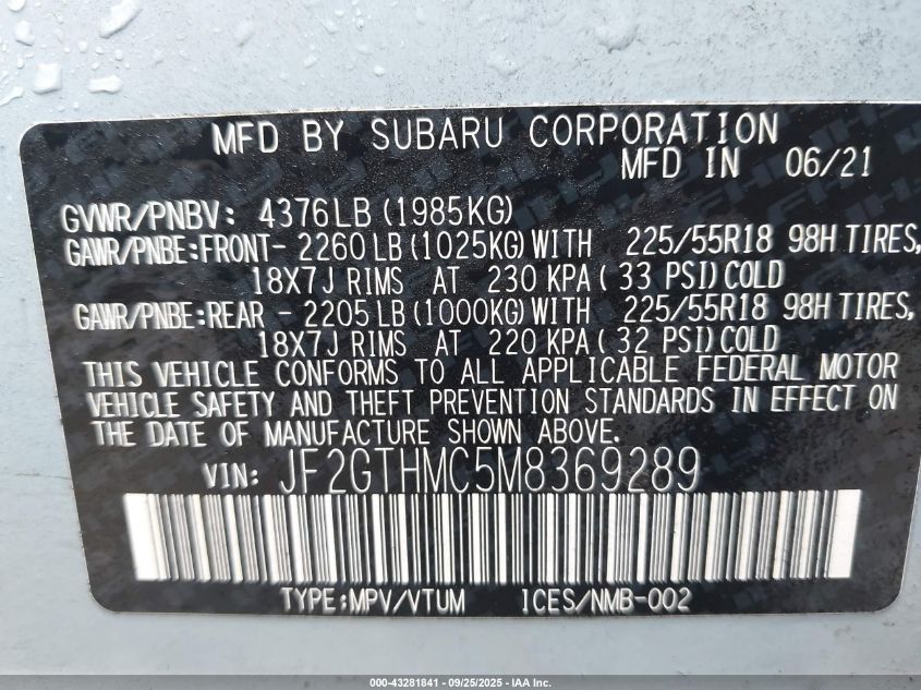 2021 Subaru Crosstrek Limited VIN: JF2GTHMC5M8369289 Lot: 43281841