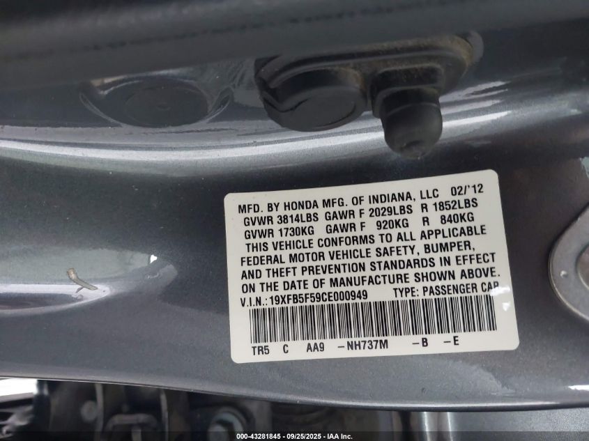 2012 Honda Civic Natural Gas VIN: 19XFB5F59CE000949 Lot: 43281845