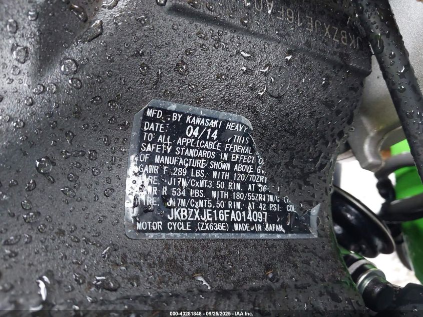 2015 Kawasaki Zx636 E VIN: JKBZXJE16FA014097 Lot: 43281848