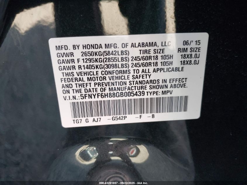 2016 Honda Pilot Ex-L VIN: 5FNYF6H88GB005439 Lot: 43281857