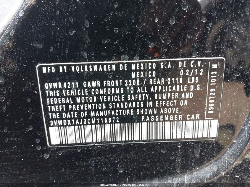 2012 Volkswagen Jetta 2.5L Se VIN: 3VWDX7AJ3CM115672 Lot: 43281878