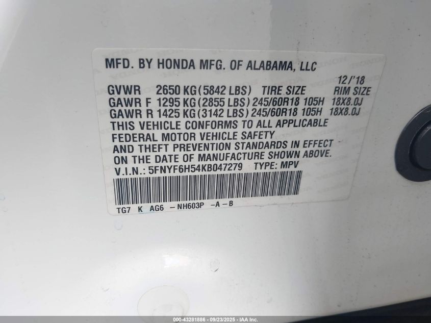 2019 Honda Pilot Ex-L VIN: 5FNYF6H54KB047279 Lot: 43281886