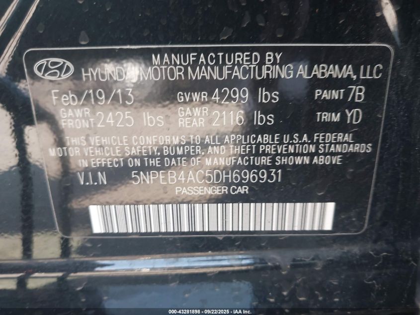 2013 Hyundai Sonata Gls VIN: 5NPEB4AC5DH696931 Lot: 43281898