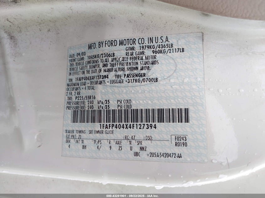 2004 Ford Mustang VIN: 1FAFP404X4F127394 Lot: 43281901