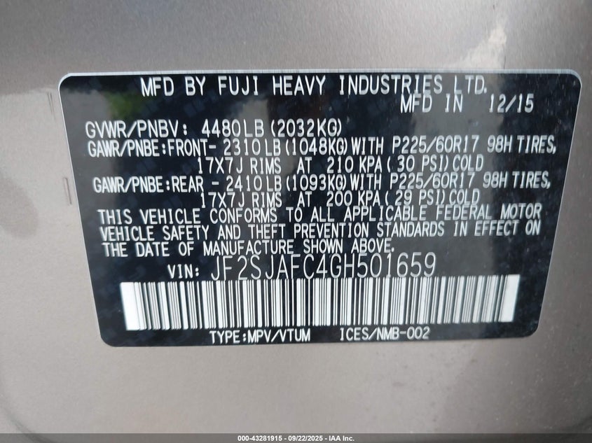 2016 SUBARU FORESTER 2.5I PREMIUM JF2SJAFC4GH501659