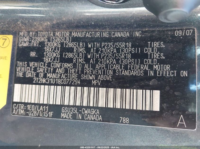 2008 Lexus Rx 350 VIN: 2T2HK31U18C077294 Lot: 43281917