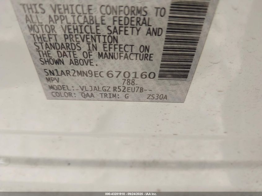 2014 Nissan Pathfinder Sl VIN: 5N1AR2MN9EC670160 Lot: 43281918