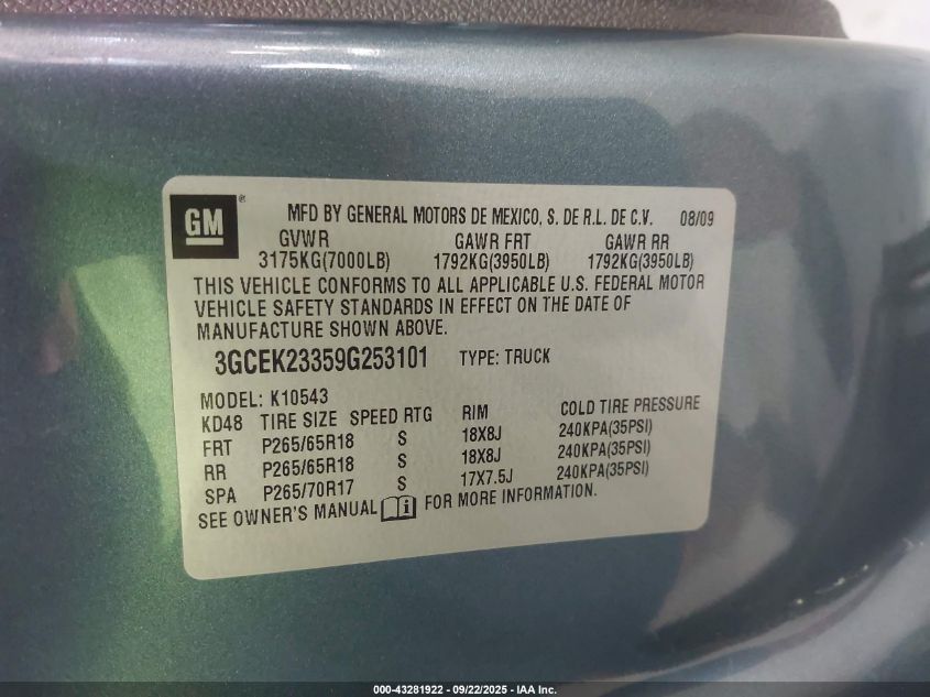 2009 Chevrolet Silverado 1500 Lt VIN: 3GCEK23359G253101 Lot: 43281922