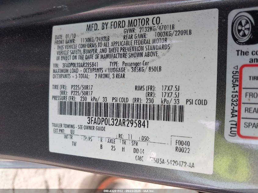 2010 Ford Fusion Hybrid VIN: 3FADP0L32AR295841 Lot: 43281932
