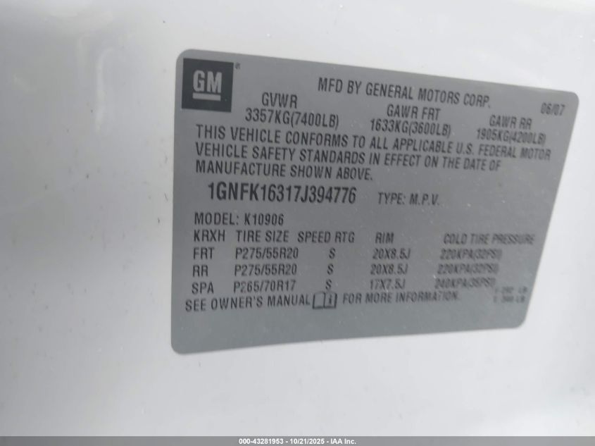 2007 Chevrolet Suburban 1500 Ltz VIN: 1GNFK16317J394776 Lot: 43281953