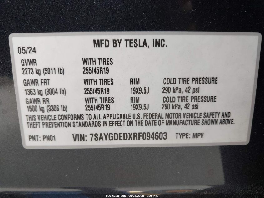 2024 Tesla Model Y VIN: 7SAYGDEDXRF094603 Lot: 43281966