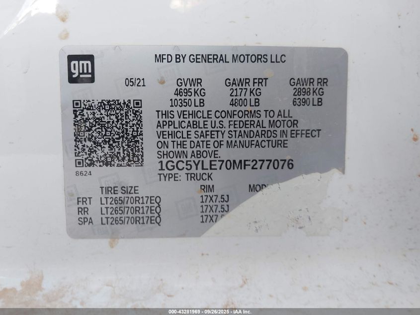 2021 Chevrolet Silverado 2500Hd 4Wd Standard Bed Wt VIN: 1GC5YLE70MF277076 Lot: 43281969