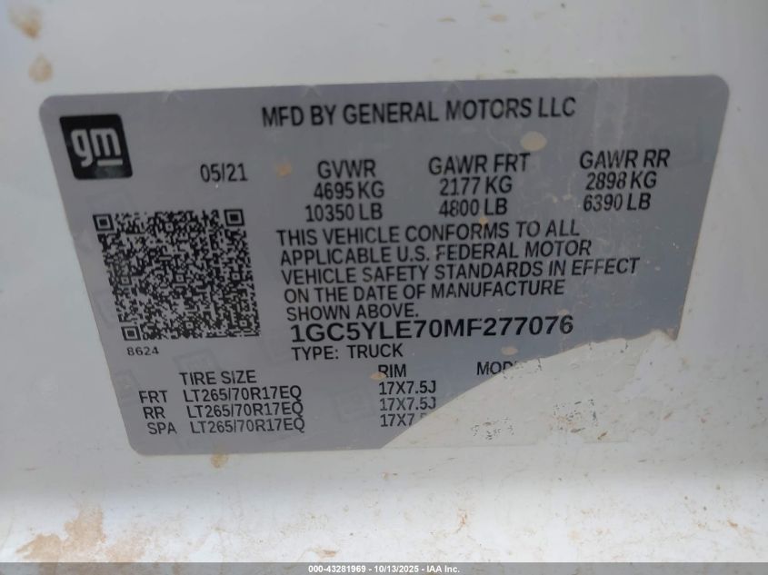 2021 Chevrolet Silverado 2500Hd 4Wd Standard Bed Wt VIN: 1GC5YLE70MF277076 Lot: 43281969