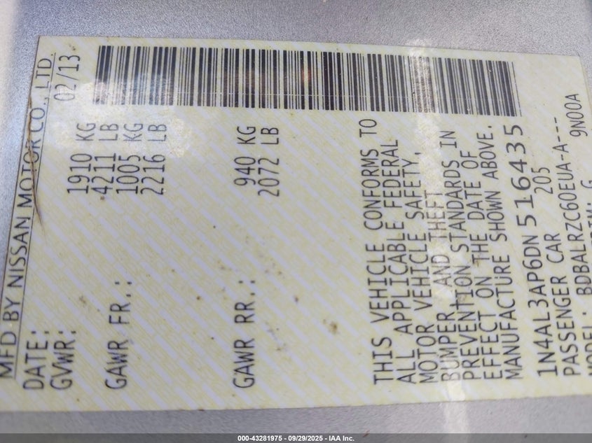 2013 Nissan Altima 2.5 S VIN: 1N4AL3AP6DN516435 Lot: 43281975