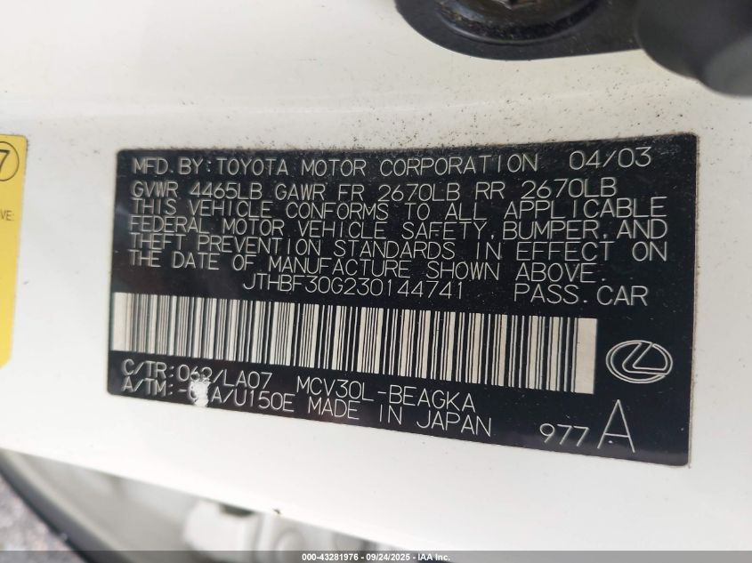 2003 Lexus Es 300 VIN: JTHBF30G230144741 Lot: 43281976