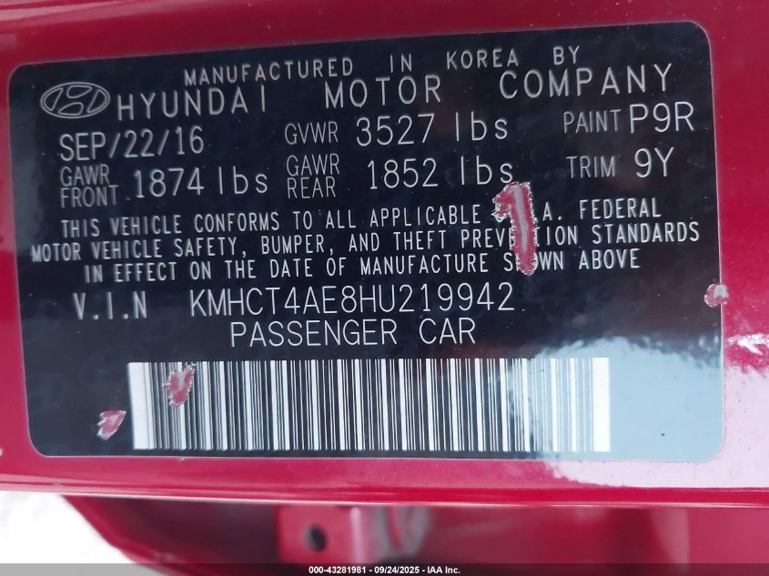 2017 Hyundai Accent Se VIN: KMHCT4AE8HU219942 Lot: 43281981