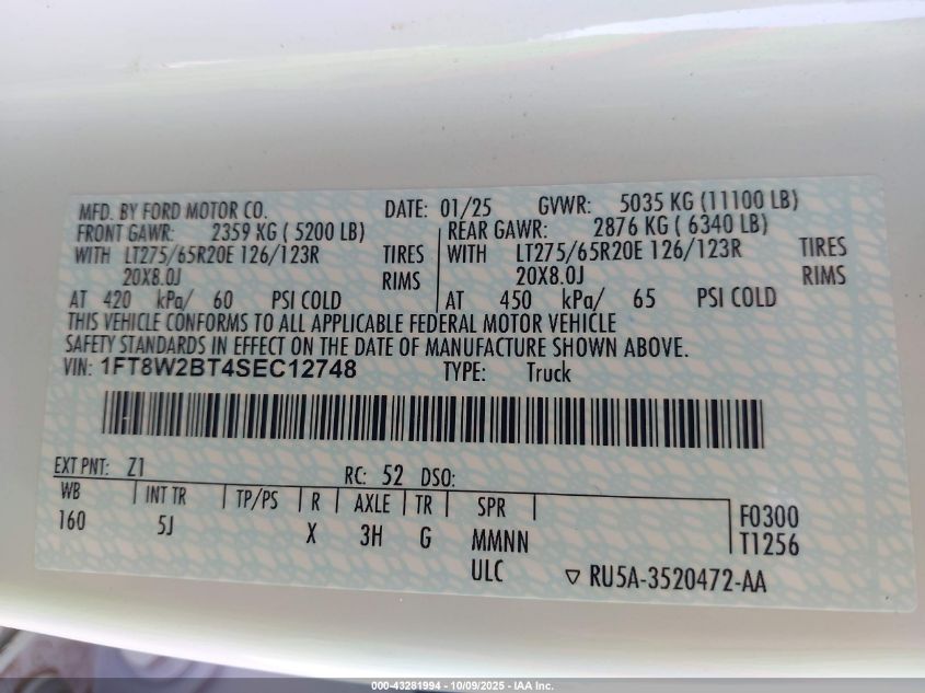 2025 Ford F-250 Lariat VIN: 1FT8W2BT4SEC12748 Lot: 43281994