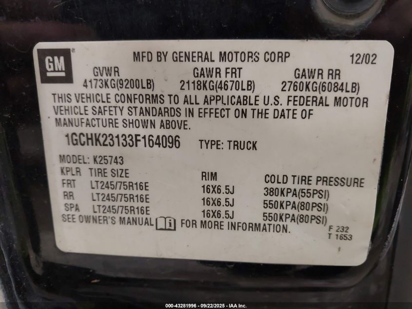 2003 Chevrolet Silverado 2500Hd Ls VIN: 1GCHK23133F164096 Lot: 43281996