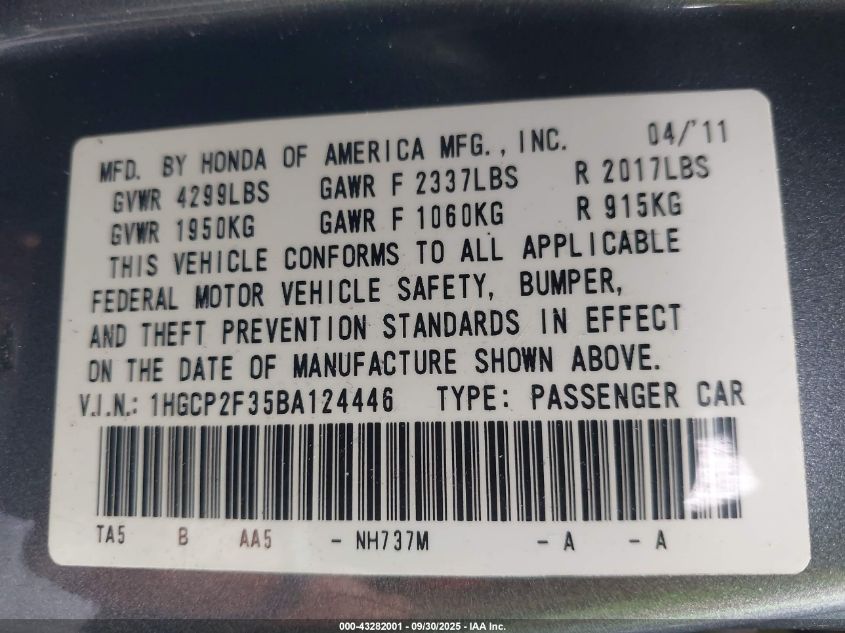 2011 Honda Accord 2.4 Lx VIN: 1HGCP2F35BA124446 Lot: 43282001