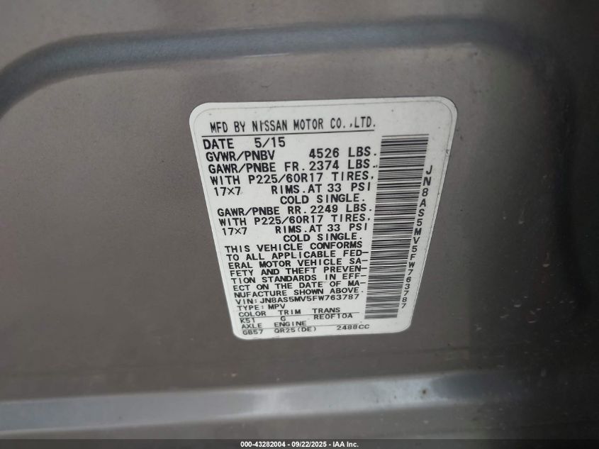 2015 Nissan Rogue Select S VIN: JN8AS5MV5FW763787 Lot: 43282004