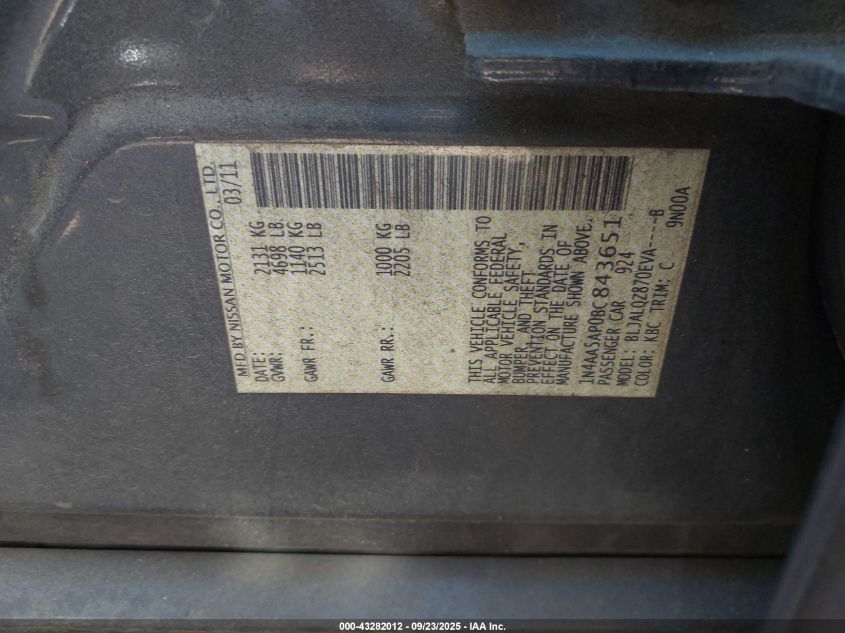 2011 Nissan Maxima 3.5 S VIN: 1N4AA5AP0BC843651 Lot: 43282012