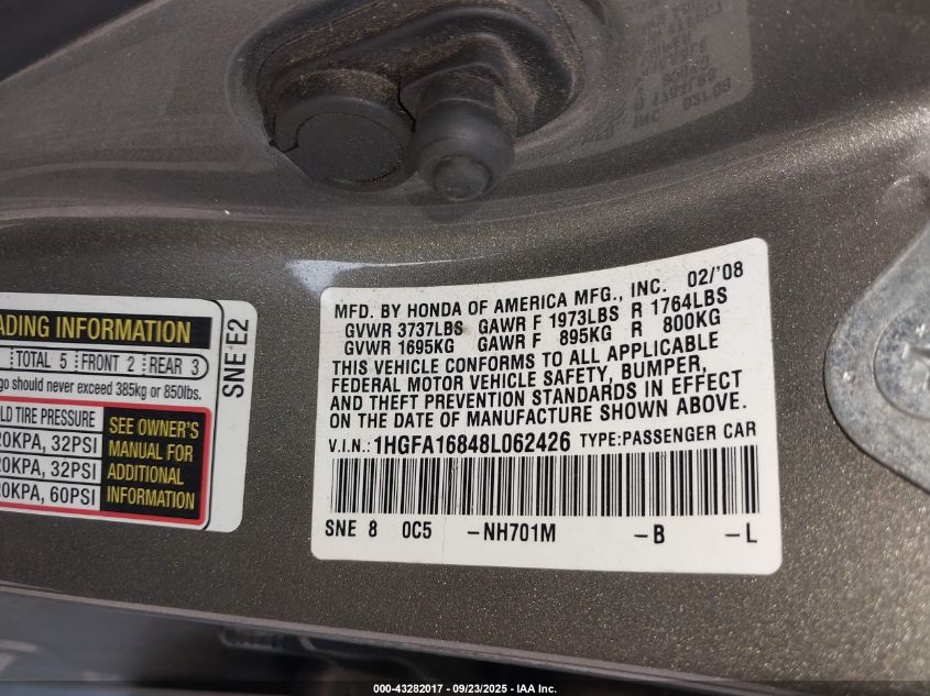 2008 Honda Civic Ex VIN: 1HGFA16848L062426 Lot: 43282017