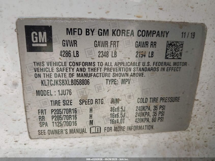 2020 Chevrolet Trax Fwd Ls VIN: KL7CJKSBXLB058806 Lot: 43282026