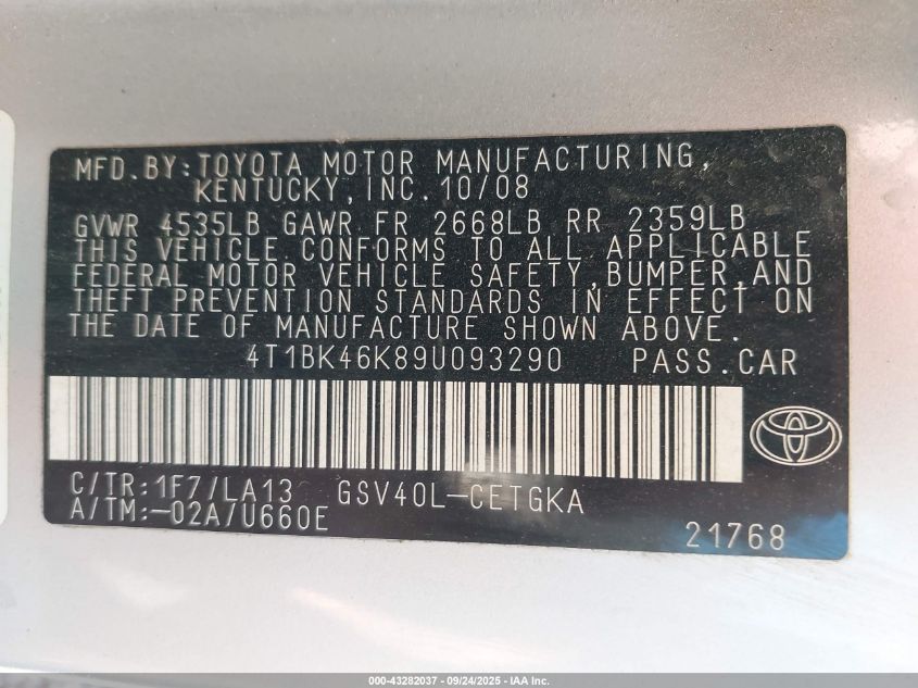 2009 Toyota Camry Xle V6 VIN: 4T1BK46K89U093290 Lot: 43282037
