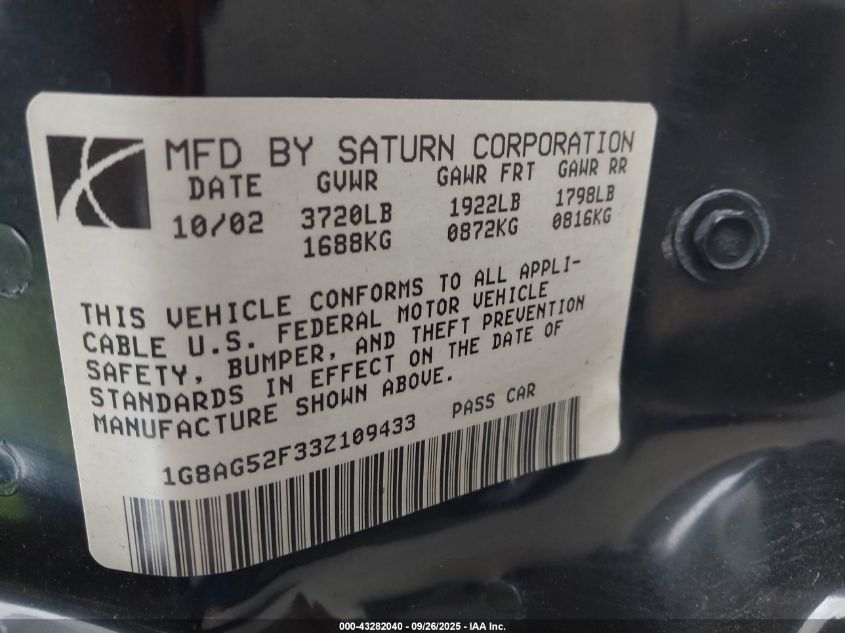 2003 Saturn Ion 1 VIN: 1G8AG52F33Z109433 Lot: 43282040