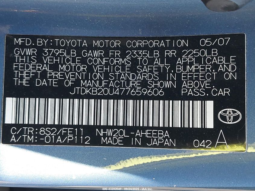 2007 Toyota Prius VIN: JTDKB20U477659606 Lot: 43282049