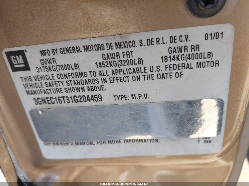 2001 Chevrolet Suburban 1500 Lt VIN: 3GNEC16T31G204459 Lot: 43282055
