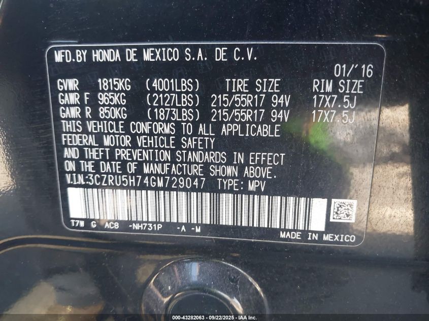 2016 Honda Hr-V Ex-L VIN: 3CZRU5H74GM729047 Lot: 43282063