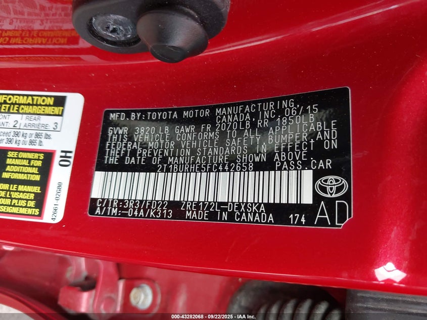 2015 Toyota Corolla S Plus VIN: 2T1BURHE5FC442658 Lot: 43282068