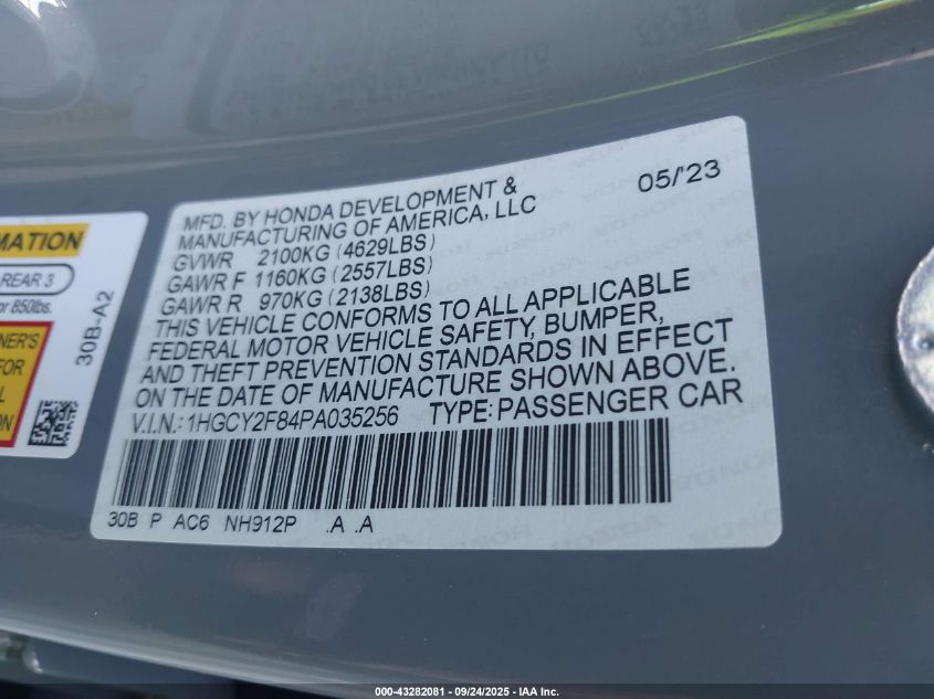 2023 Honda Accord Hybrid Touring VIN: 1HGCY2F84PA035256 Lot: 43282081