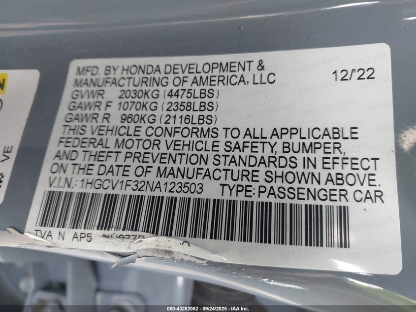 2022 HONDA ACCORD SPORT - 1HGCV1F32NA123503