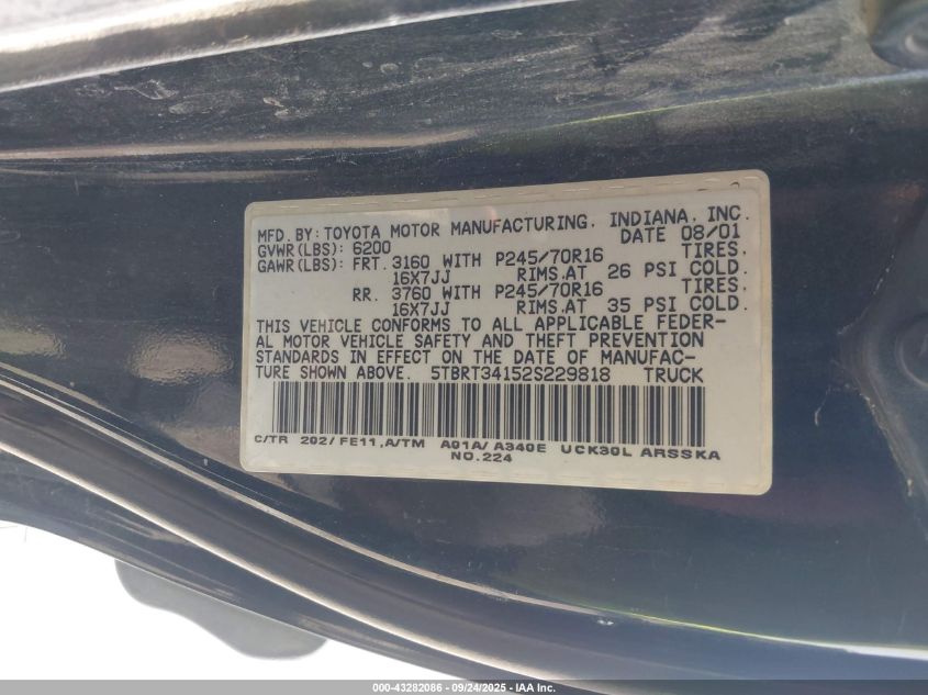 2002 Toyota Tundra Sr5 V8 VIN: 5TBRT34152S229818 Lot: 43282086