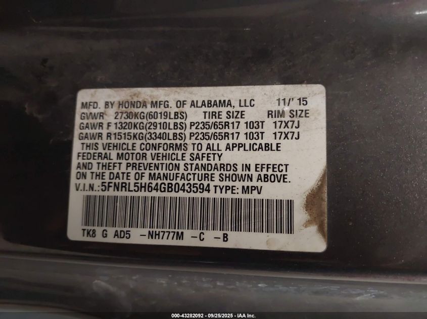 2016 Honda Odyssey Ex-L VIN: 5FNRL5H64GB043594 Lot: 43282092